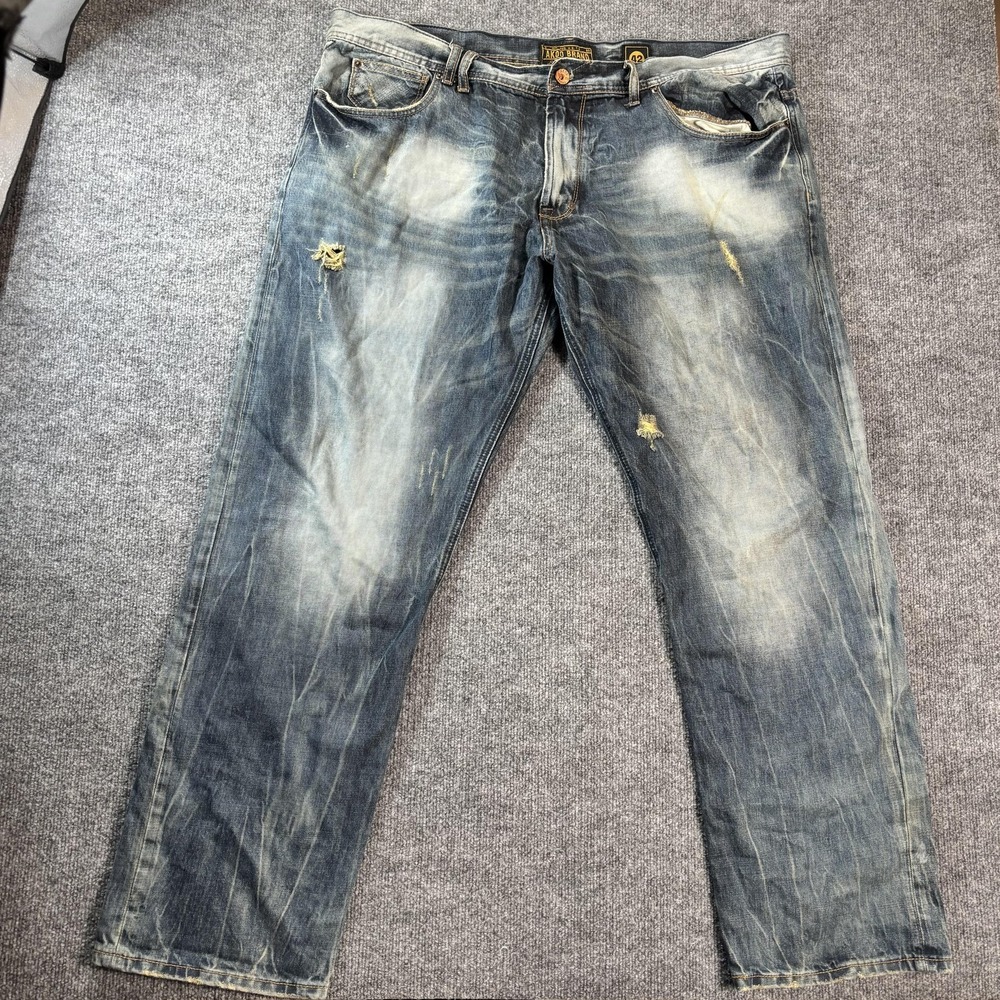 Akoo Brand Jeans Mens 43x31 Blue Medium Wash Relaxed Straight Distressed Denim